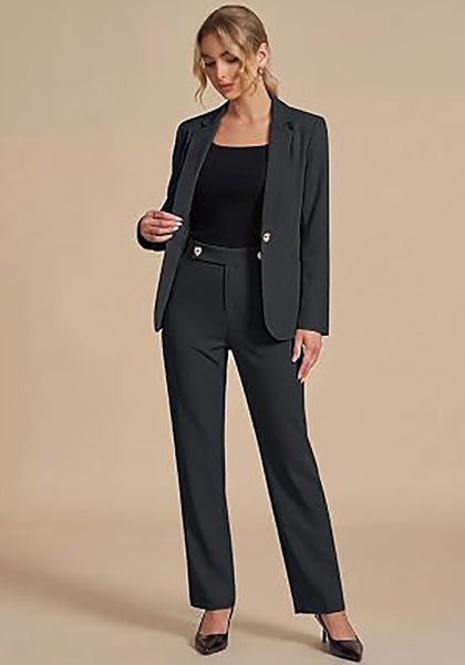 Charcoal  Women's Elegant Business Pantsuit — Single Button Blazer & High Waisted Pants with Adjustable WaistbandWomen's Elegant Business Pantsuit — Single Button Blazer & High Waisted Pants with Adjustable Waistband