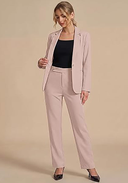 Peach Blush Women's Elegant Business Pantsuit — Single Button Blazer & High Waisted Pants with Adjustable Waistband