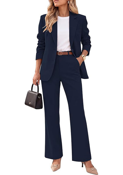 Navy Blue Women's 2 Piece Pant Suits, Business Casual Buttoned Blazer and High Waisted Bootcut Pants Set, 29" Inseam Professional Office Fall Teacher Outfits