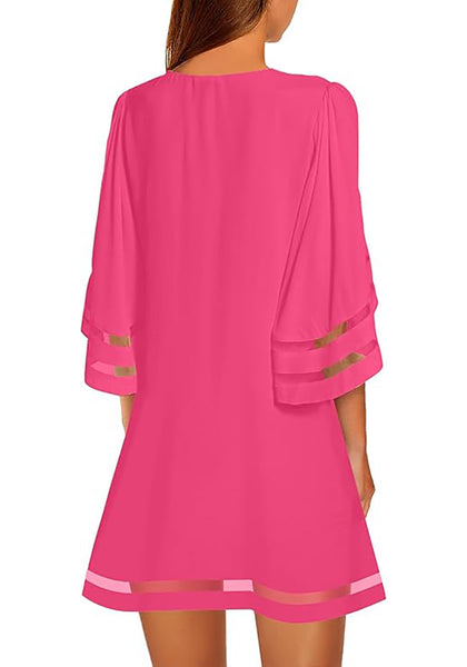 Hot Pink Women Casual Crewneck Mesh Panel 3/4 Bell Sleeve Loose Tunic Dress