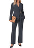 Charcoal Women's 2 Piece Blazer Pants Suit, Business Casual Long Sleeve Belted Double Breasted Blazer & Elastic High Waisted Flared Pants Set, Dressy Office Work Outfits