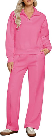 Pink Women Clothing Long Sleeve Suit Wide Leg Sweatshirt Hip-Hitting Length Banded Hem Cuffs Pantsuits