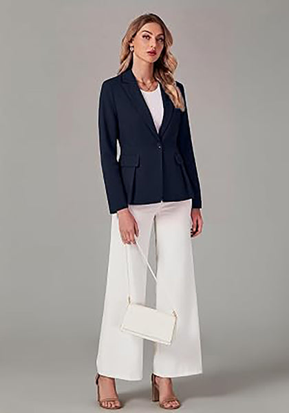 Navy Blue Women's  Peplum Suit Jacket Blazer, Tailored Fitted Long Sleeve with Built-in Shoulder Pads, Dressy Casual for Office, Business & Everyday Wear