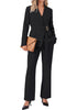 Black Women's 2 Piece Blazer Pants Suit, Business Casual Long Sleeve Belted Double Breasted Blazer & Elastic High Waisted Flared Pants Set, Dressy Office Work Outfits