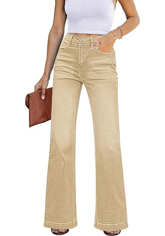 Pale Khaki Mid-Waisted Stretchable Straight Leg Denim Jeans
