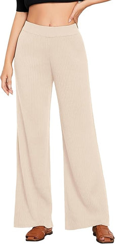 Light Beige Women's Casual Elastic Waist Full Length High Waisted Relaxed Fit Stretch Wide Leg Pants in Acrylic Fibers