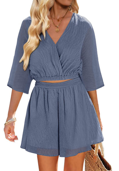 Blue Gray Women's 2 Piece Outfit Textured Crop Tops Elastic Waist Flowy Shorts