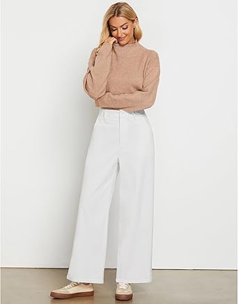 White Women's Casual High Waist Pocket Polyester Relaxed Fit Wide Leg Pants