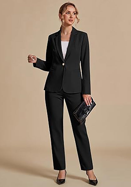 Black Women's Elegant Business Pantsuit — Single Button Blazer & High Waisted Pants with Adjustable Waistband
