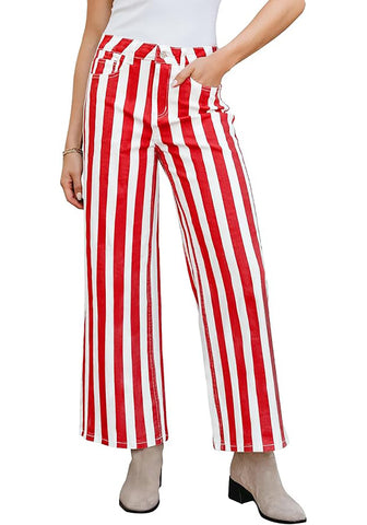 Women's Fashion High Waist Wide Leg Loose Fit Red White Striped Denim Jeans