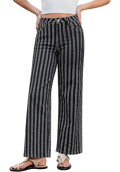 High Waisted Striped Wide Leg Jeans for Women Vintage Denim Loose Fit Casual Pants