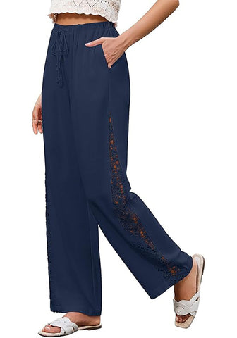Women's Loose Wide Leg Pants with Hollow Out Side High Waisted Drawstring Elastic Casual Summer Trousers