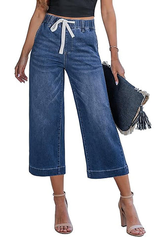 Casual Capri Jeans for Women Wide Leg Elastic Drawstring Waist Cropped Denim Trousers