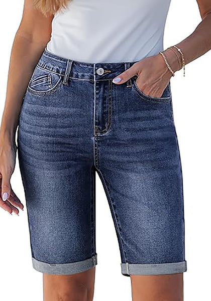 LookbookStore Reef Blue Women's Viral Y2K Aesthetic High Waist Stretchy Bermuda Denim Shorts with Rolled Cuffs