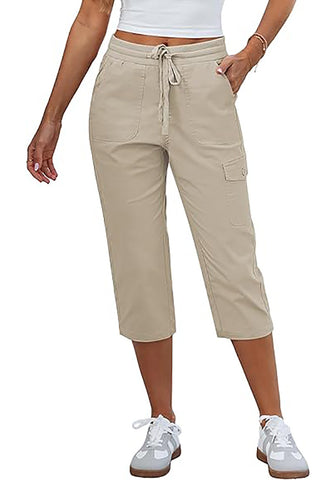Women's Stretchy High Elastic Waist Wearable Tapered Short Cargo Capri Pants