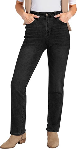 Washed Black High Waist Denim Pants Straight Leg Comfort Stretch Jeans Full Length Jeans with Pockets Casual
