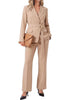 Khaki Women's 2 Piece Blazer Pants Suit, Business Casual Long Sleeve Belted Double Breasted Blazer & Elastic High Waisted Flared Pants Set, Dressy Office Work Outfits