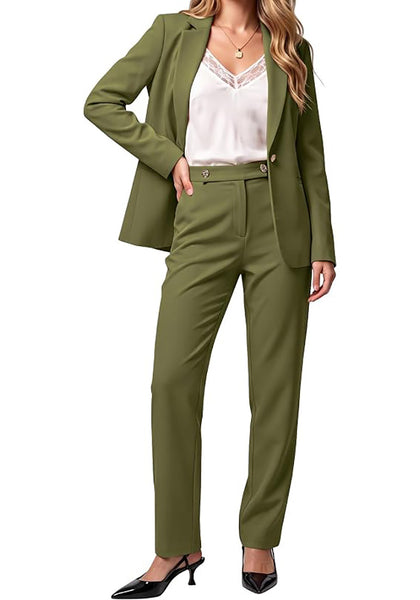 Olive Green Women's Elegant Business Pantsuit — Single Button Blazer & High Waisted Pants with Adjustable Waistband