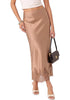 Tan Women's Satin Maxi Skirt — Silky Bias Cut Long Slip Skirt with Easy Pull On Elastic Waistband & Lace Trim Hem