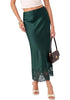 Dark Green Women's Satin Maxi Skirt — Silky Bias Cut Long Slip Skirt with Easy Pull On Elastic Waistband & Lace Trim Hem
