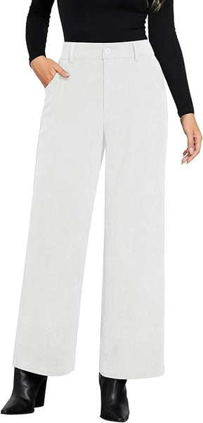 White Women's Casual High Waist Pocket Polyester Relaxed Fit Wide Leg Pants