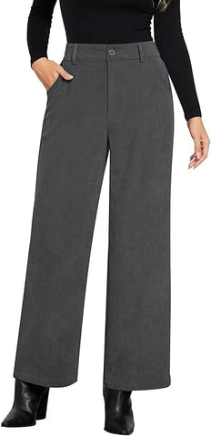Dark Gray Women's Casual High Waist Pocket Polyester Relaxed Fit Wide Leg Pants