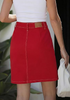 LookbookStore Women's Red High Waisted A-Line Denim Skirt Trendy Stretchy Short Skirt with Contrast Stitching and Patch Pockets