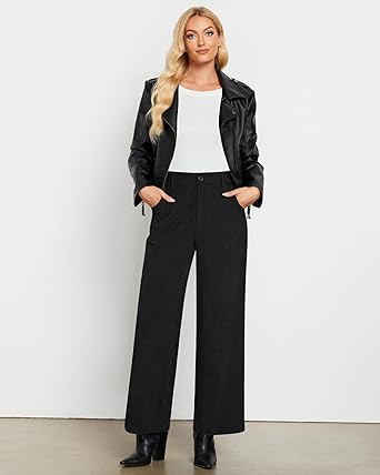Black  Women's Casual Full-Length High Waist Relaxed Fit Wide Leg Front Zip Elastic Waist Back Pocket Pants Button Matching Non-Stretch