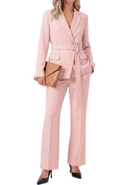 Peach Blush Women's 2 Piece Blazer Pants Suit, Business Casual Long Sleeve Belted Double Breasted Blazer & Elastic High Waisted Flared Pants Set, Dressy Office Work Outfits