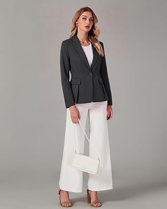 Charcoal Women's  Peplum Suit Jacket Blazer, Tailored Fitted Long Sleeve with Built-in Shoulder Pads, Dressy Casual for Office, Business & Everyday Wear