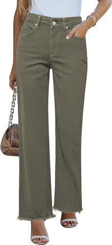 Olive Green Women's Straight Leg Pull On Denim Pant High Waisted Stretch