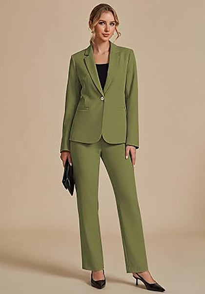 Olive Green Women's Elegant Business Pantsuit — Single Button Blazer & High Waisted Pants with Adjustable Waistband
