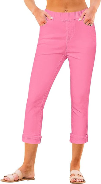 Sachet Pink Women's High Waisted Elastic Slight Stretch Denim Pull On Cuffed Hem Capri Jeans Denim Pants