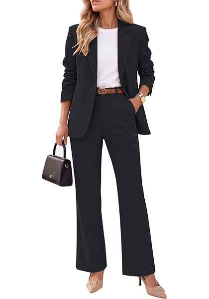 Black Women's 2 Piece Pant Suits, Business Casual Buttoned Blazer and High Waisted Bootcut Pants Set, 29" Inseam Professional Office Fall Teacher Outfits