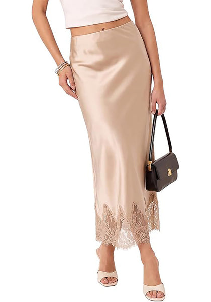 Sandshell Women's Satin Maxi Skirt — Silky Bias Cut Long Slip Skirt with Easy Pull On Elastic Waistband & Lace Trim Hem