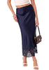 Dark Blue Women's Satin Maxi Skirt — Silky Bias Cut Long Slip Skirt with Easy Pull On Elastic Waistband & Lace Trim Hem