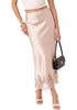 Pink Tint Women's Satin Maxi Skirt — Silky Bias Cut Long Slip Skirt with Easy Pull On Elastic Waistband & Lace Trim Hem