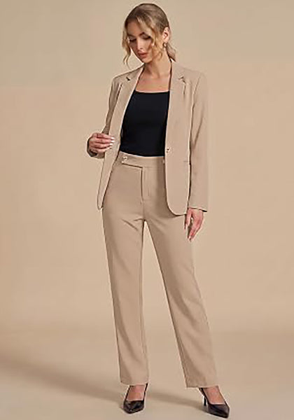 Beige Women's Elegant Business Pantsuit — Single Button Blazer & High Waisted Pants with Adjustable Waistband