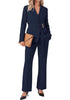 Navy Blue Women's 2 Piece Blazer Pants Suit, Business Casual Long Sleeve Belted Double Breasted Blazer & Elastic High Waisted Flared Pants Set, Dressy Office Work Outfits