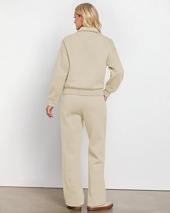 Light Beige Women Clothing Long Sleeve Suit Wide Leg Sweatshirt Hip-Hitting Length Banded Hem Cuffs Pantsuits