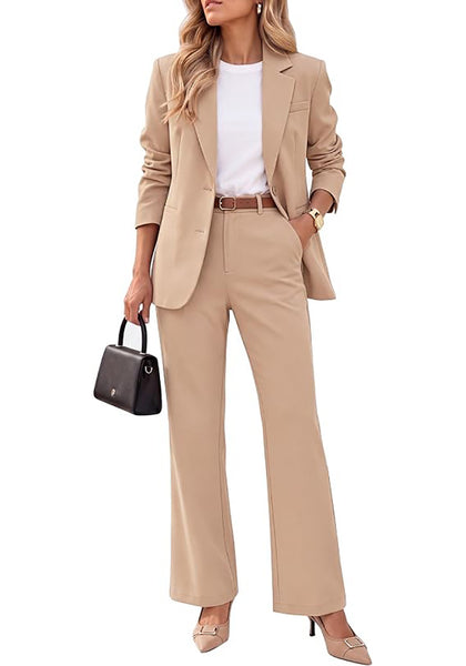 Beige Women's 2 Piece Pant Suits, Business Casual Buttoned Blazer and High Waisted Bootcut Pants Set, 29" Inseam Professional Office Fall Teacher Outfits