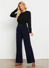 Navy Blue Women's Casual Elastic Waist Full Length High Waisted Relaxed Fit Stretch Wide Leg Pants in Acrylic Fibers