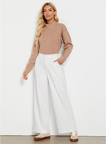 White Women's Casual High Waist Pocket Polyester Relaxed Fit Wide Leg Pants