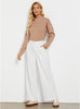 White Women's Casual High Waist Pocket Polyester Relaxed Fit Wide Leg Pants