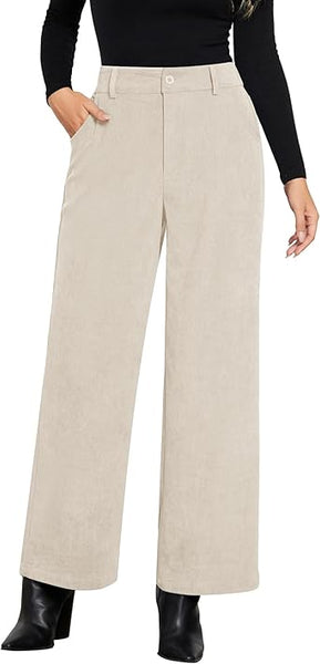 Beige Women's Casual High Waist Pocket Polyester Relaxed Fit Wide Leg Pants