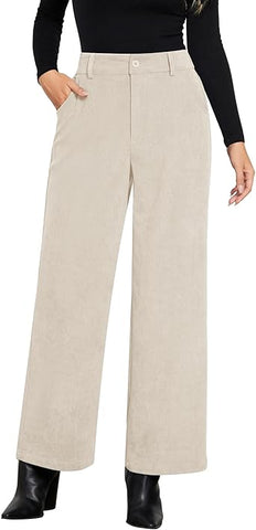 Beige Women's Casual High Waist Pocket Polyester Relaxed Fit Wide Leg Pants