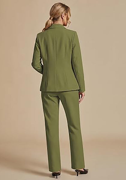Olive Green Women's Elegant Business Pantsuit — Single Button Blazer & High Waisted Pants with Adjustable Waistband