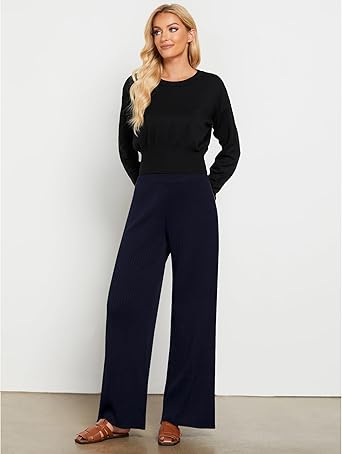 Navy Blue Women's Casual Elastic Waist Full Length High Waisted Relaxed Fit Stretch Wide Leg Pants in Acrylic Fibers