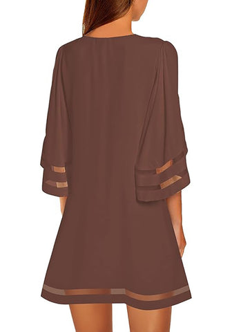 Rum Raisin Brown Women Casual Crewneck Mesh Panel 3/4 Bell Sleeve Loose Tunic Dress