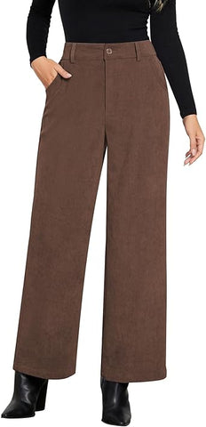 Brown Women's Casual High Waist Pocket Polyester Relaxed Fit Wide Leg Pants